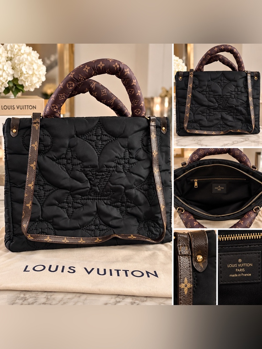 Unlisted Black Quilted Satchel with Monogram Brown Trim